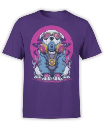 T-shirt featuring neon cyber dog with gas mask on purple fabric