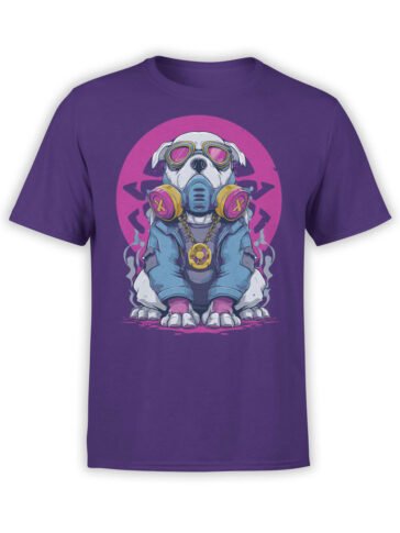 T-shirt featuring neon cyber dog with gas mask on purple fabric