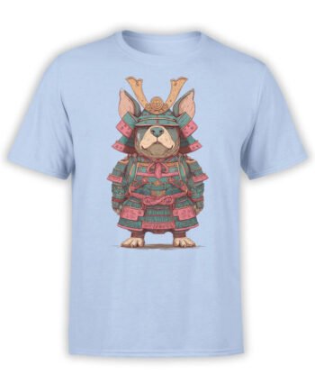 T-shirt featuring bulldog in full samurai armor on light blue fabric
