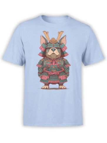 T-shirt featuring bulldog in full samurai armor on light blue fabric