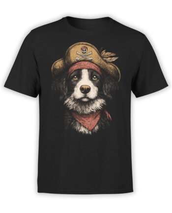 T-shirt featuring pirate dog with hat and bandana on black fabric