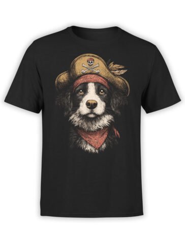 T-shirt featuring pirate dog with hat and bandana on black fabric