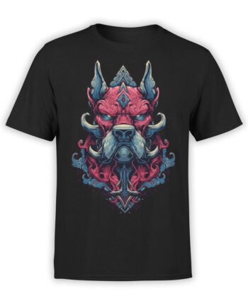 T-shirt featuring gothic demon dog artwork in red and blue on black fabric