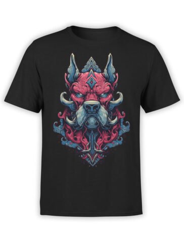 T-shirt featuring gothic demon dog artwork in red and blue on black fabric