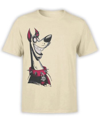 T-shirt featuring cartoon crazy dog with spiked collar on beige fabric