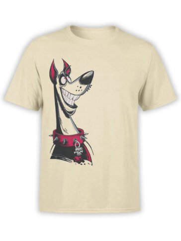 T-shirt featuring cartoon crazy dog with spiked collar on beige fabric