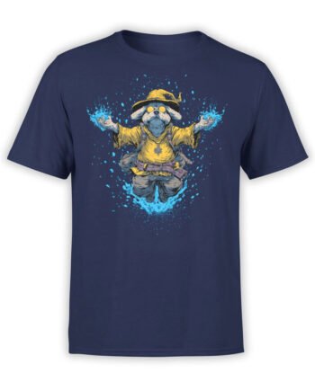 T-shirt featuring a cartoon wizard dog casting spells with glowing hands on navy fabric