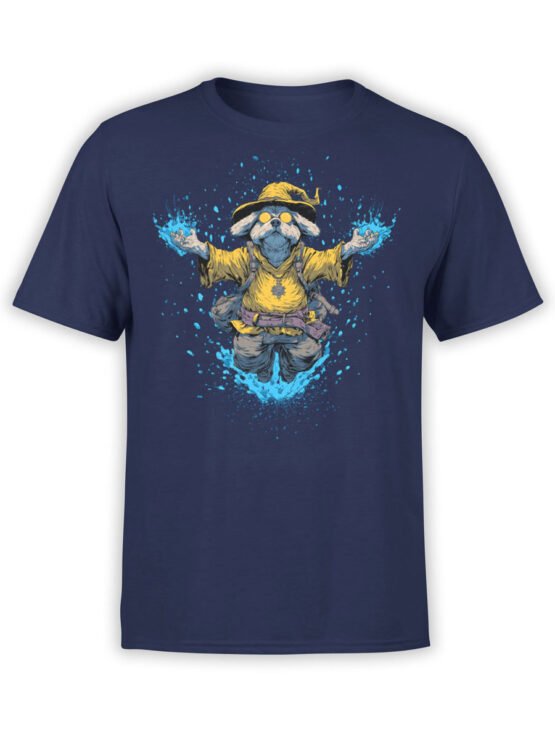 T-shirt featuring a cartoon wizard dog casting spells with glowing hands on navy fabric