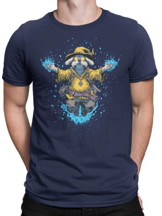 T-shirt on a male torso featuring Wizard Pup dog artwork with glowing spell effect