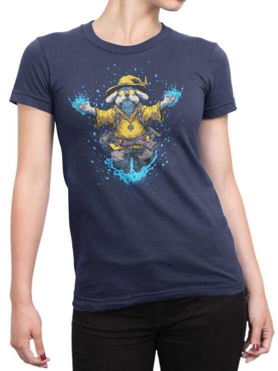 T-shirt on a female torso showcasing playful wizard dog in fantasy robe design