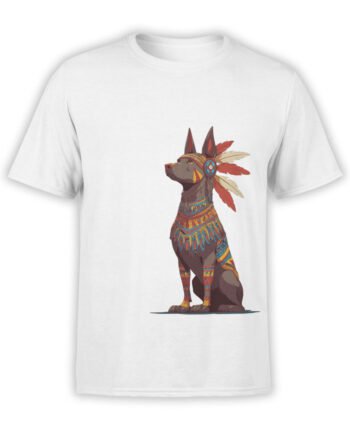 T-shirt featuring Tribal Guardian design, a noble dog in tribal headdress on white fabric.