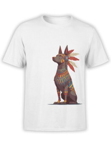T-shirt featuring Tribal Guardian design, a noble dog in tribal headdress on white fabric.