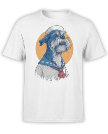 T-shirt featuring Salty Seadog design, a whimsical sailor dog in uniform on white fabric.