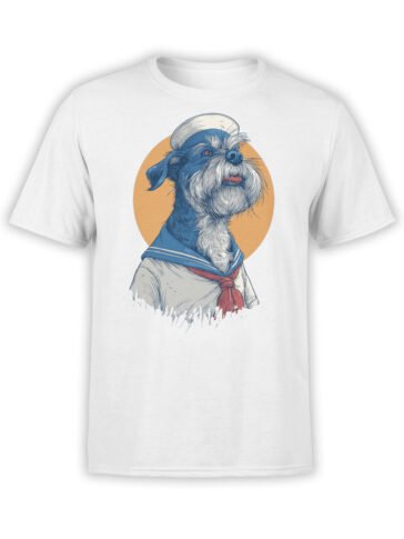 T-shirt featuring Salty Seadog design, a whimsical sailor dog in uniform on white fabric.