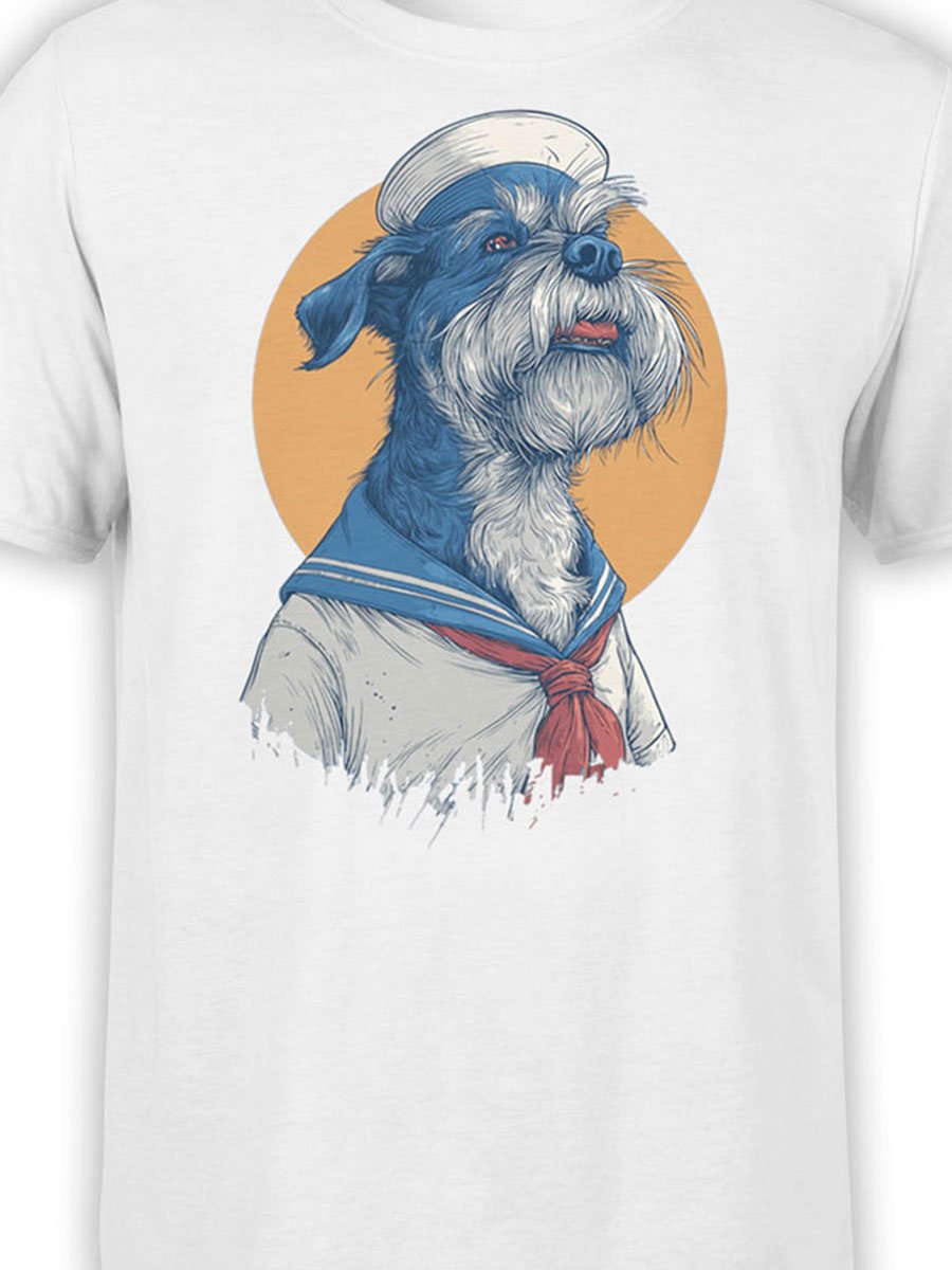 Close-up of Salty Seadog artwork on T-shirt with sailor hat and maritime details.