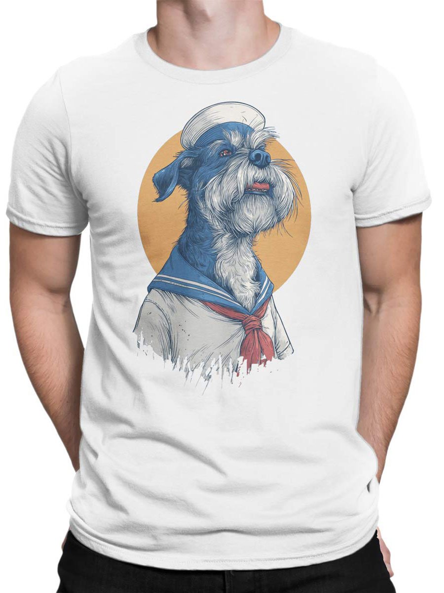 Unisex T-shirt on male torso with nautical Salty Seadog scruffy dog design.