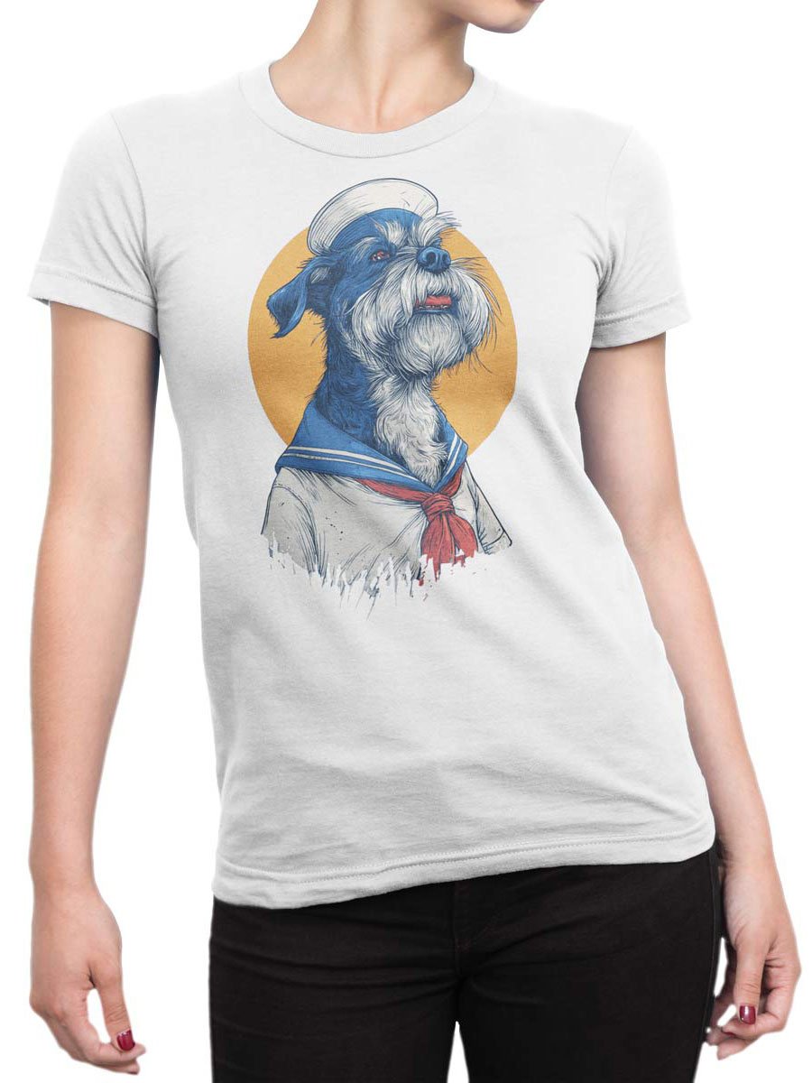 Unisex T-shirt on female torso with sailor-themed Salty Seadog whimsical dog design.
