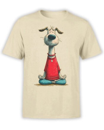 T-shirt featuring Zen Pup design, a cartoon meditating dog in red shirt on beige fabric.