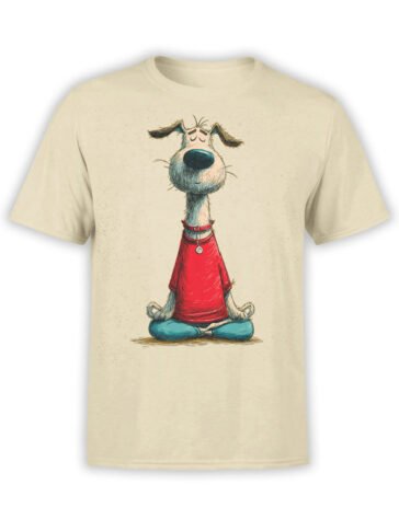 T-shirt featuring Zen Pup design, a cartoon meditating dog in red shirt on beige fabric.