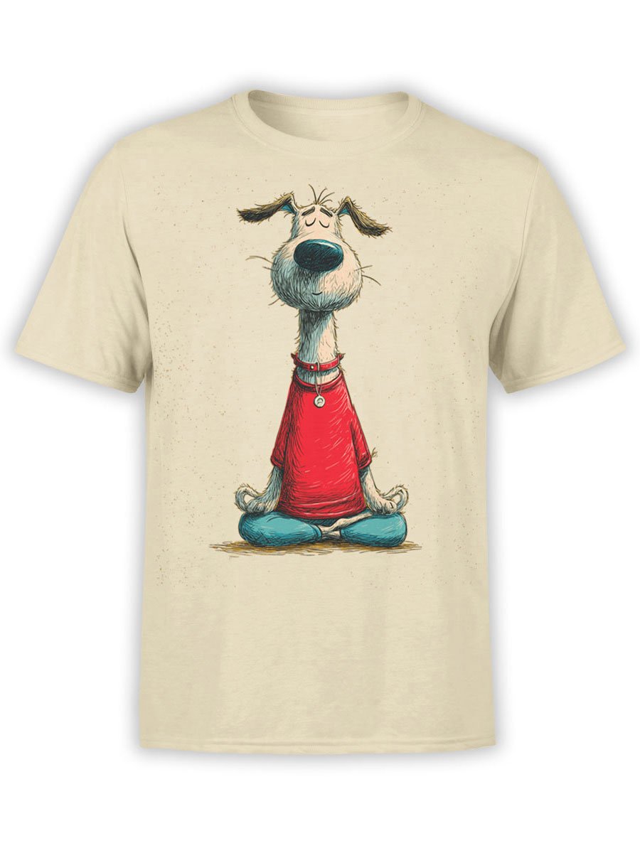 T-shirt featuring Zen Pup design, a cartoon meditating dog in red shirt on beige fabric.