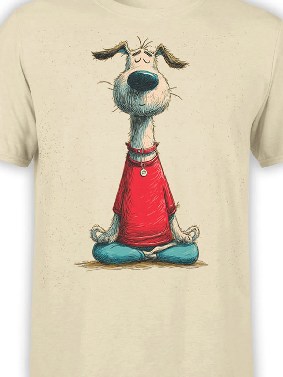 Close-up of Zen Pup artwork on T-shirt with floppy ears and peaceful expression.