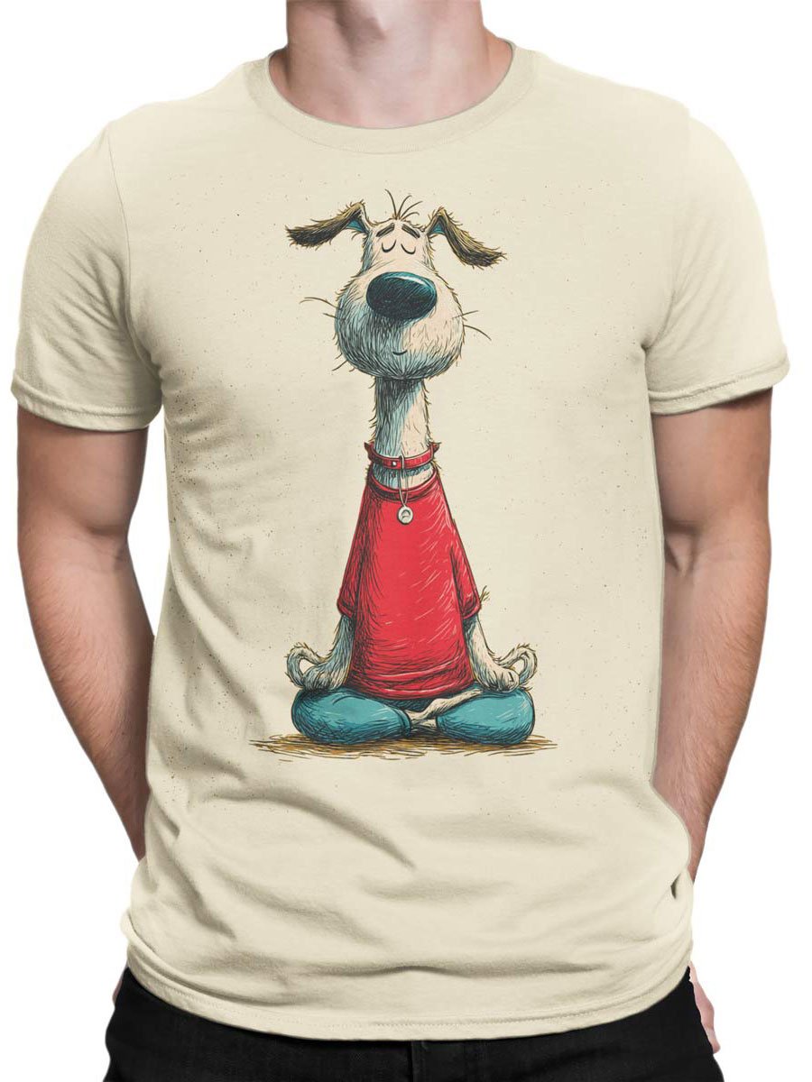 Unisex T-shirt on male torso with Zen Pup funny meditating dog design.