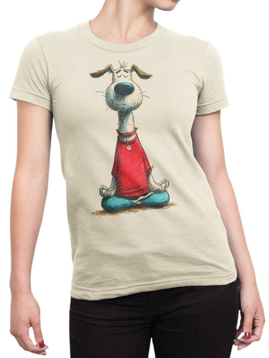 Unisex T-shirt on female torso with Zen Pup cartoon dog meditation artwork.