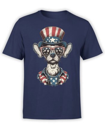 T-shirt featuring Uncle Bark design, a patriotic dog in American flag outfit on navy fabric.