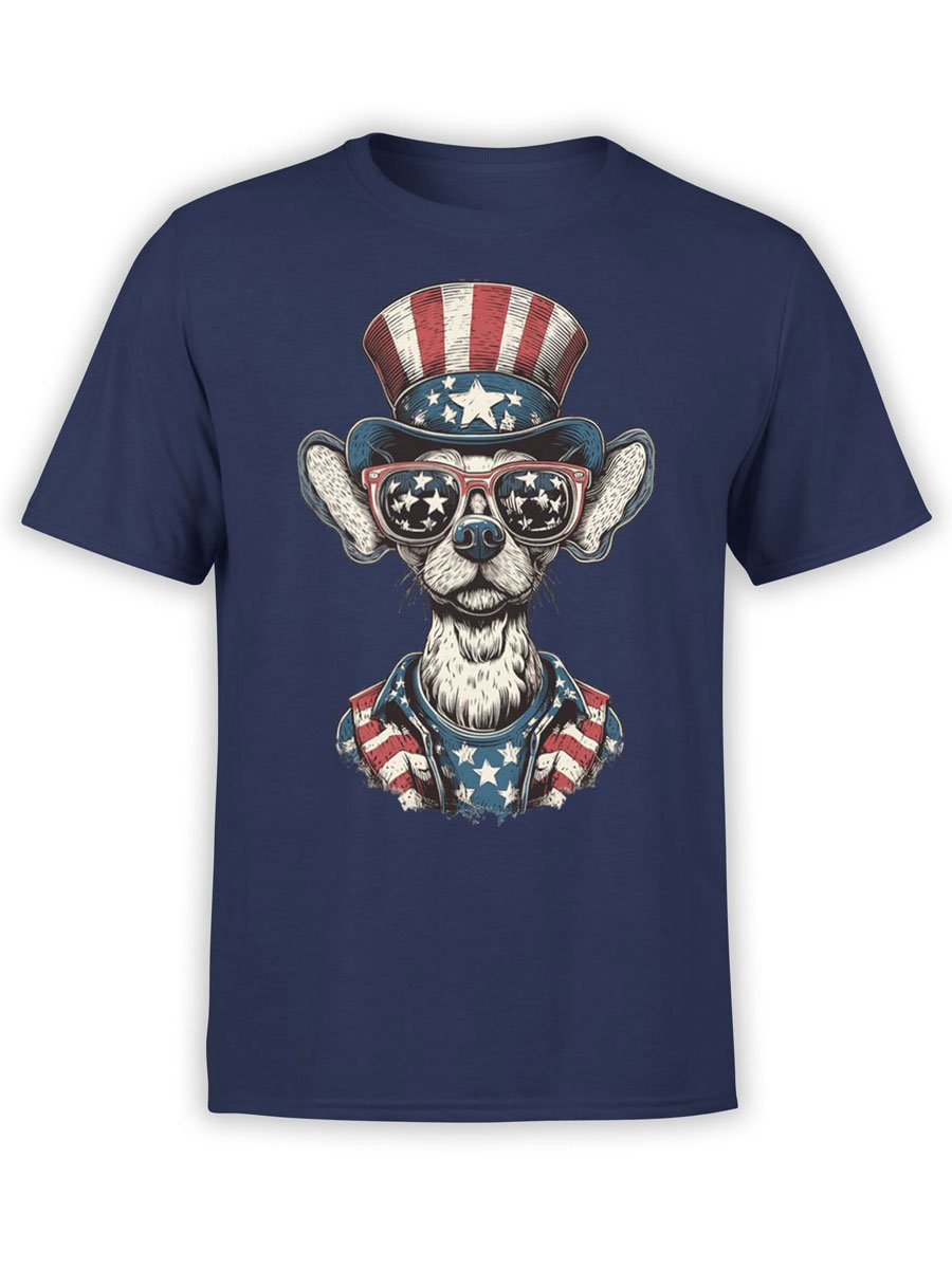 T-shirt featuring Uncle Bark design, a patriotic dog in American flag outfit on navy fabric.