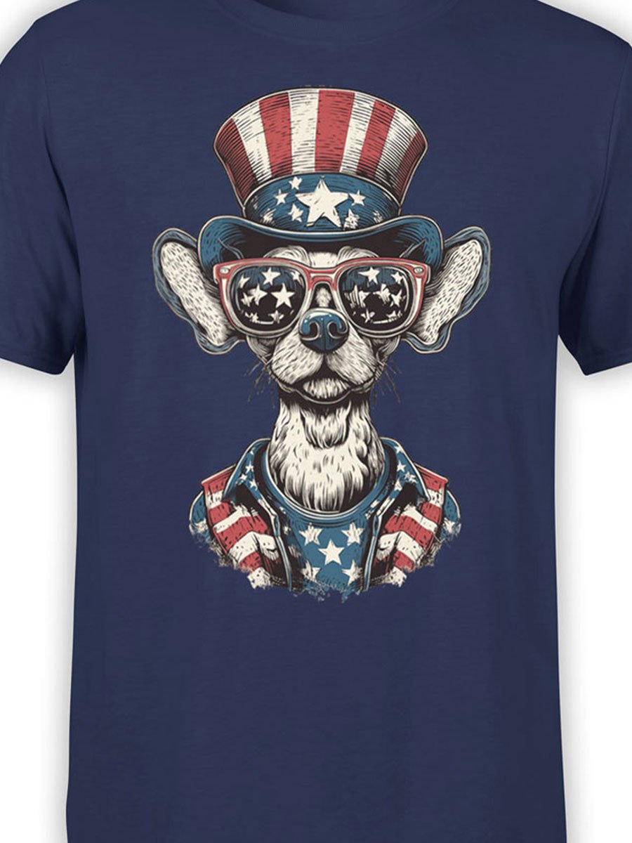 Close-up of Uncle Bark artwork on T-shirt with patriotic sunglasses and hat.