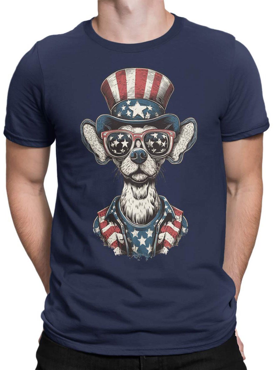 Unisex T-shirt on male torso with patriotic Uncle Bark dog design.