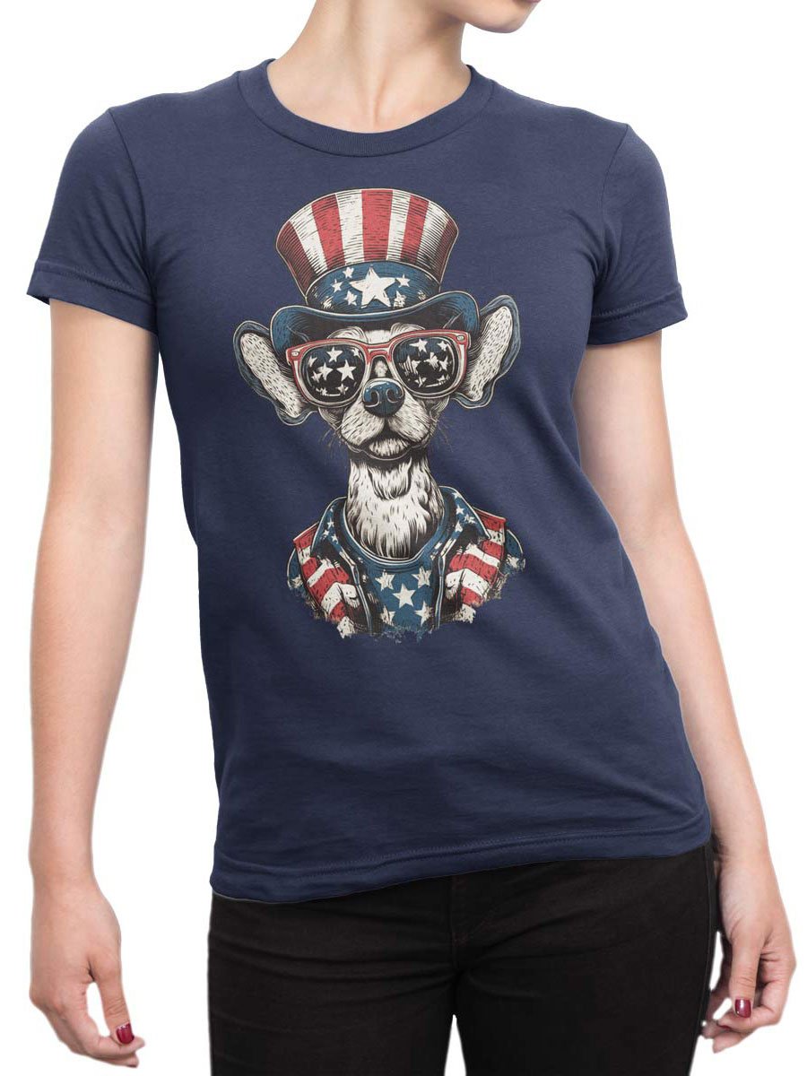Unisex T-shirt on female torso with bold Uncle Bark American dog artwork.