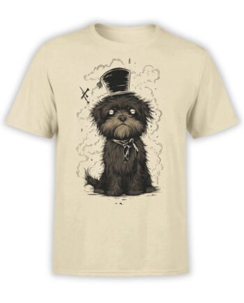 T-shirt featuring Smoky Paws design, a scruffy dog in smoke with a top hat on beige fabric.