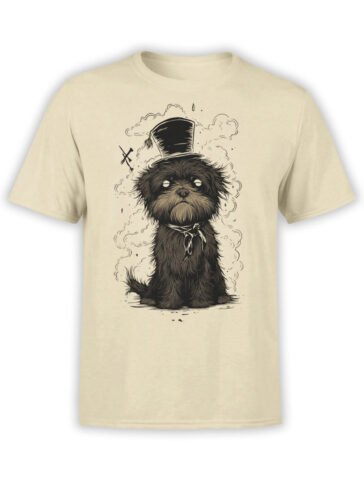 T-shirt featuring Smoky Paws design, a scruffy dog in smoke with a top hat on beige fabric.