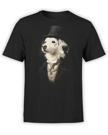 T-shirt featuring Lord Woofington design, a noble dog in suit and top hat on black fabric.