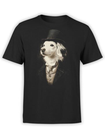 T-shirt featuring Lord Woofington design, a noble dog in suit and top hat on black fabric.