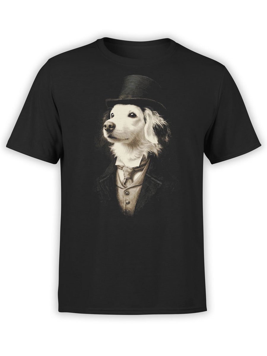 T-shirt featuring Lord Woofington design, a noble dog in suit and top hat on black fabric.