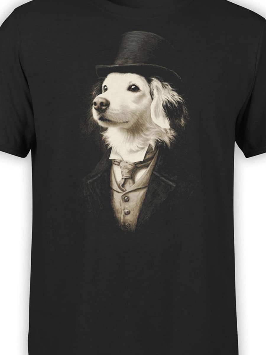 Close-up of Lord Woofington artwork on T-shirt with Victorian-style details.