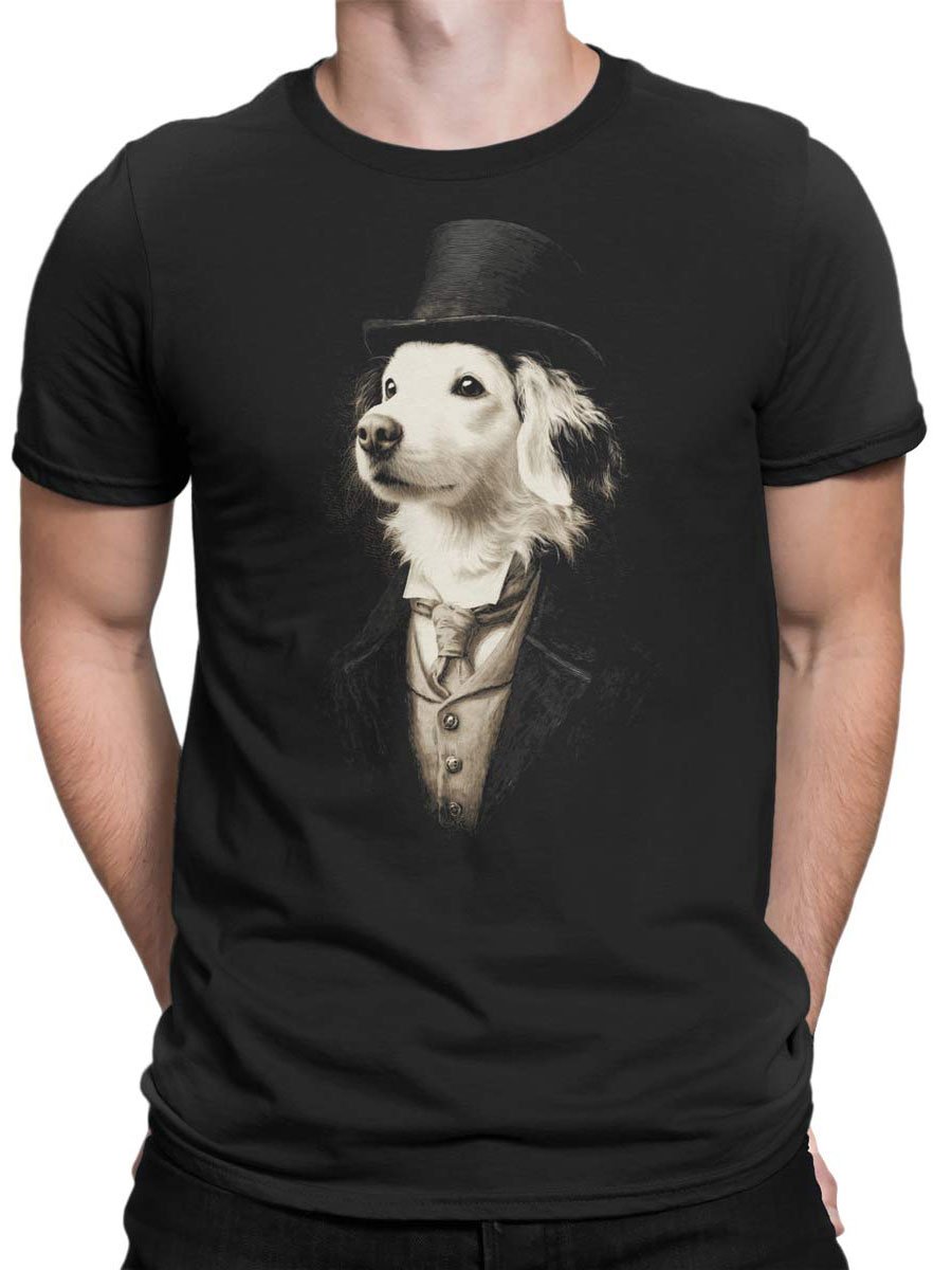 Unisex T-shirt on male torso with Lord Woofington refined dog aristocrat design.