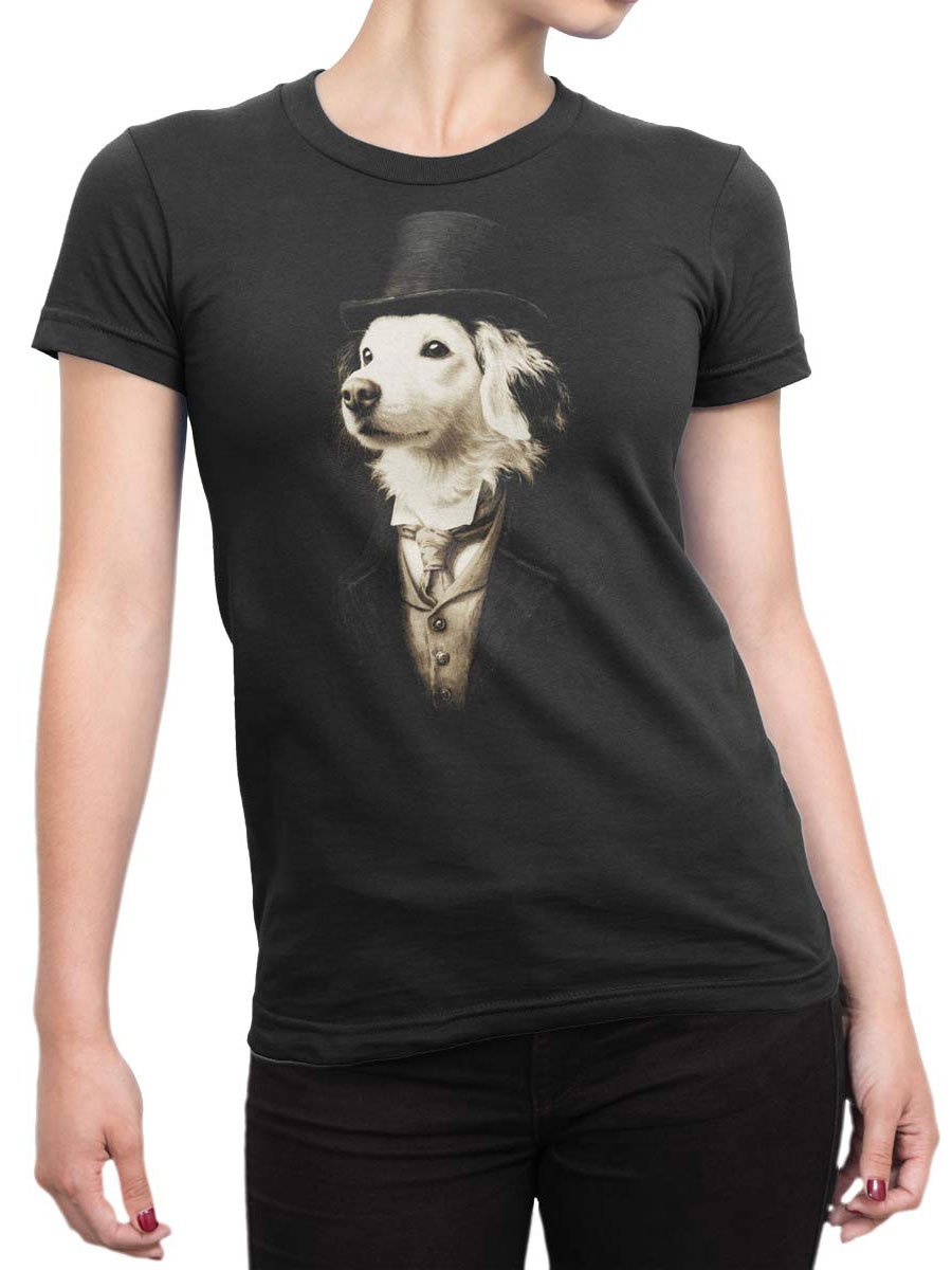 Unisex T-shirt on female torso with vintage-inspired Lord Woofington dog artwork.