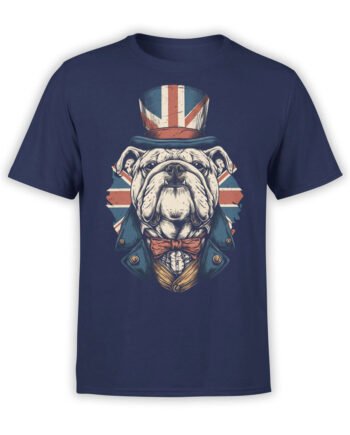 T-shirt featuring Sir Bulldog design, a proud bulldog in gentleman attire with Union Jack top hat on navy fabric.