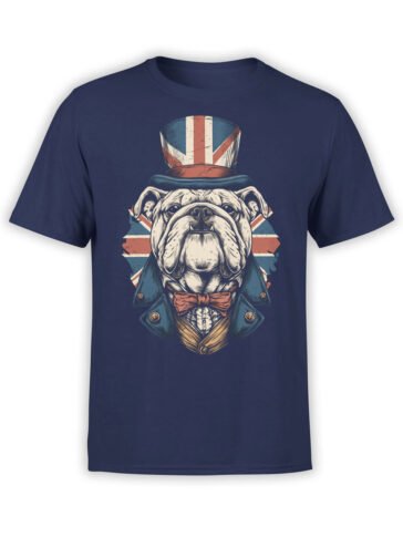 T-shirt featuring Sir Bulldog design, a proud bulldog in gentleman attire with Union Jack top hat on navy fabric.