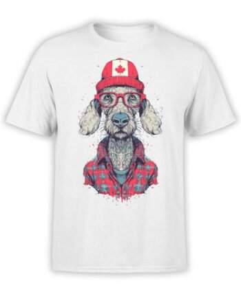 T-shirt featuring Lumberdog design, a Canadian hipster dog in plaid shirt and maple beanie on white fabric.