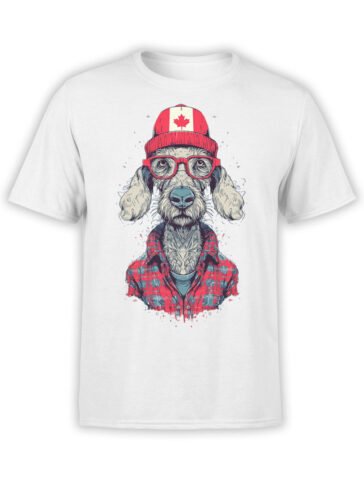 T-shirt featuring Lumberdog design, a Canadian hipster dog in plaid shirt and maple beanie on white fabric.