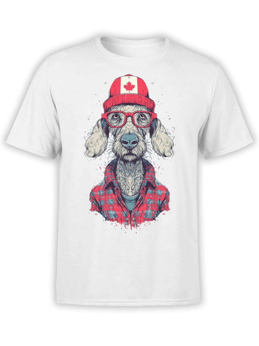 T-shirt featuring Lumberdog design, a Canadian hipster dog in plaid shirt and maple beanie on white fabric.