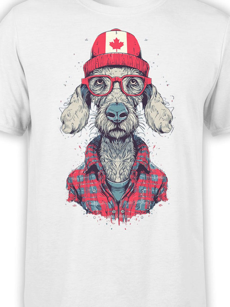 Close-up of Lumberdog artwork on T-shirt showing plaid details and glasses.