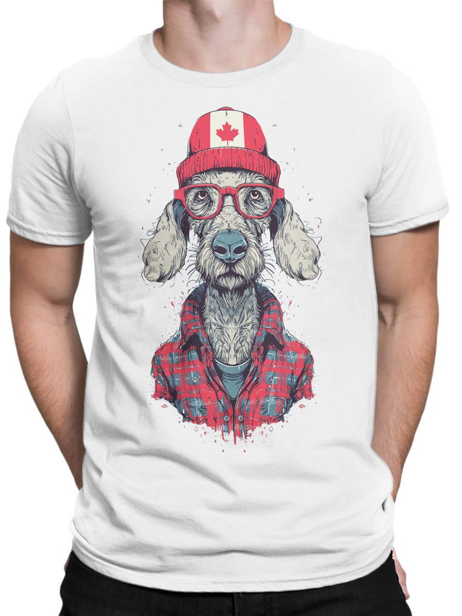 Unisex T-shirt on male torso with Lumberdog Canadian scruffy dog design.