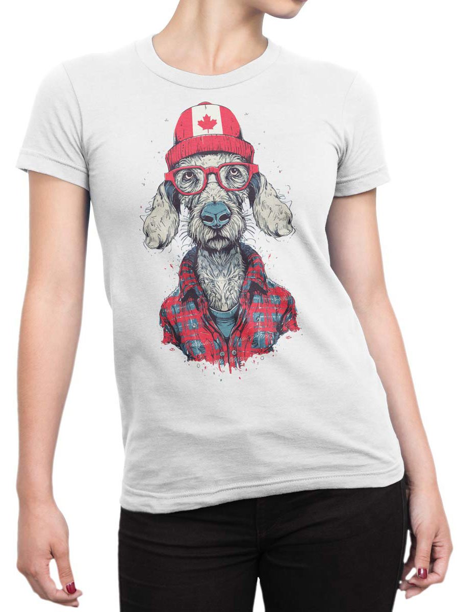 Unisex T-shirt on female torso with playful Lumberdog hipster dog artwork.