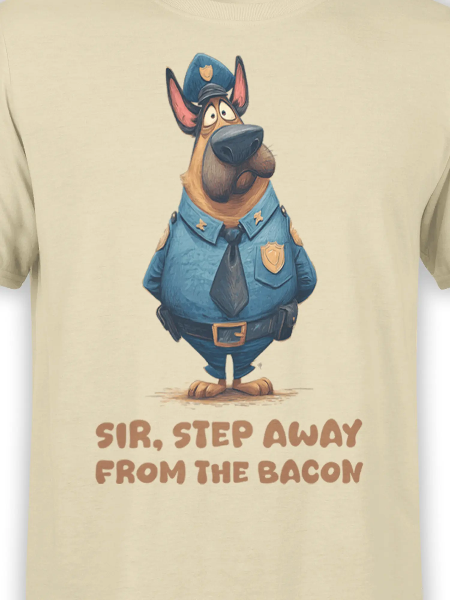 Close-up view of the Bacon Patrol Dog T-Shirt design