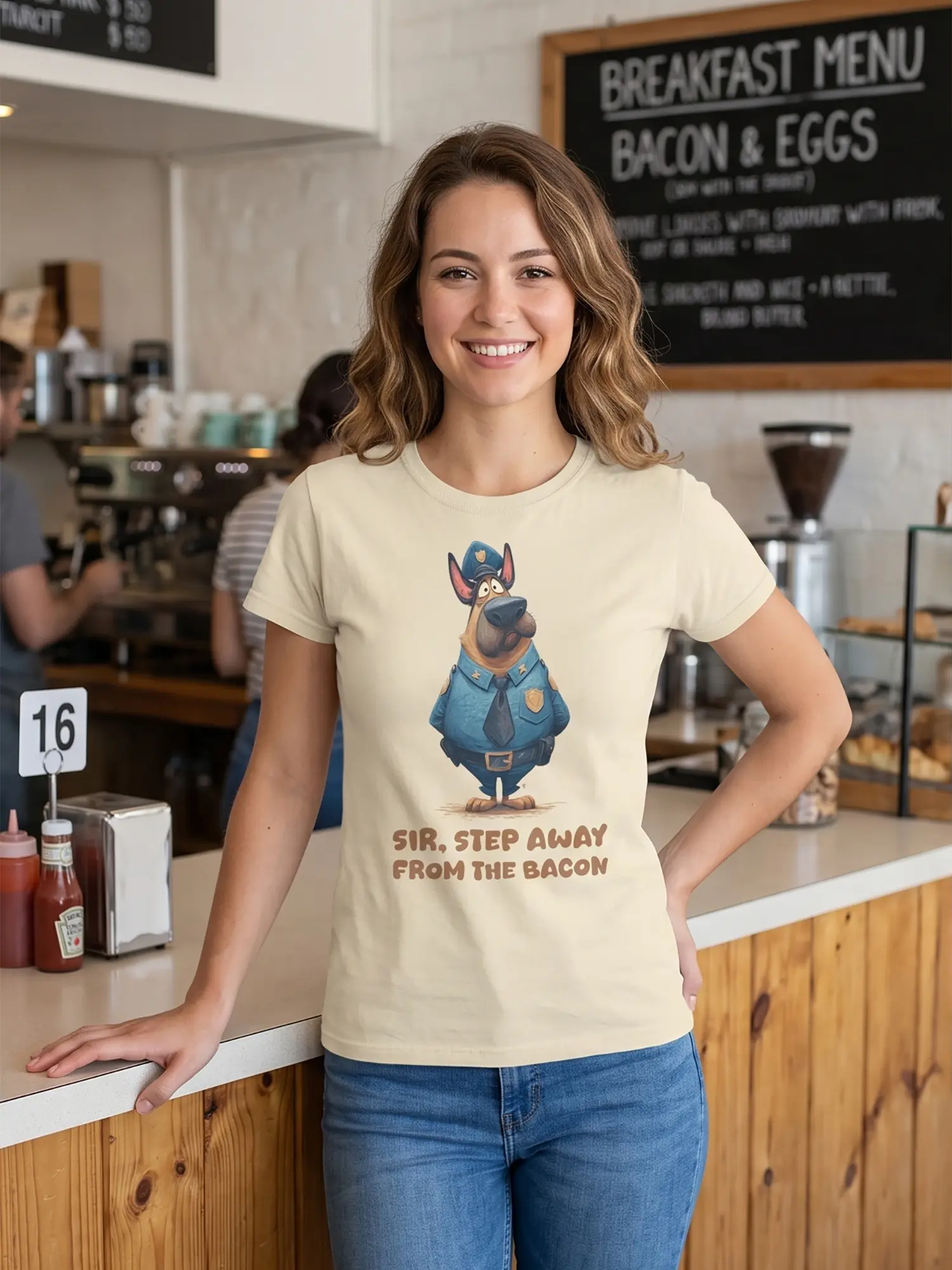 Woman wearing the Bacon Patrol Dog T-Shirt in a relaxed pose in a cafe